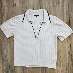 Adrianna Papell Tipped Short Sleeve Polo Sweater Ivory Knit with Black Trim, M
